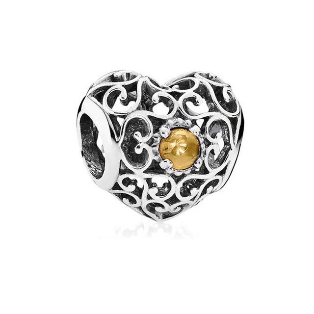 New 12 Month Birthday Stone Heart Openwork Charm Diy Fine Beads Fit Original Charms Silver 925 Bracelet Jewelry F357