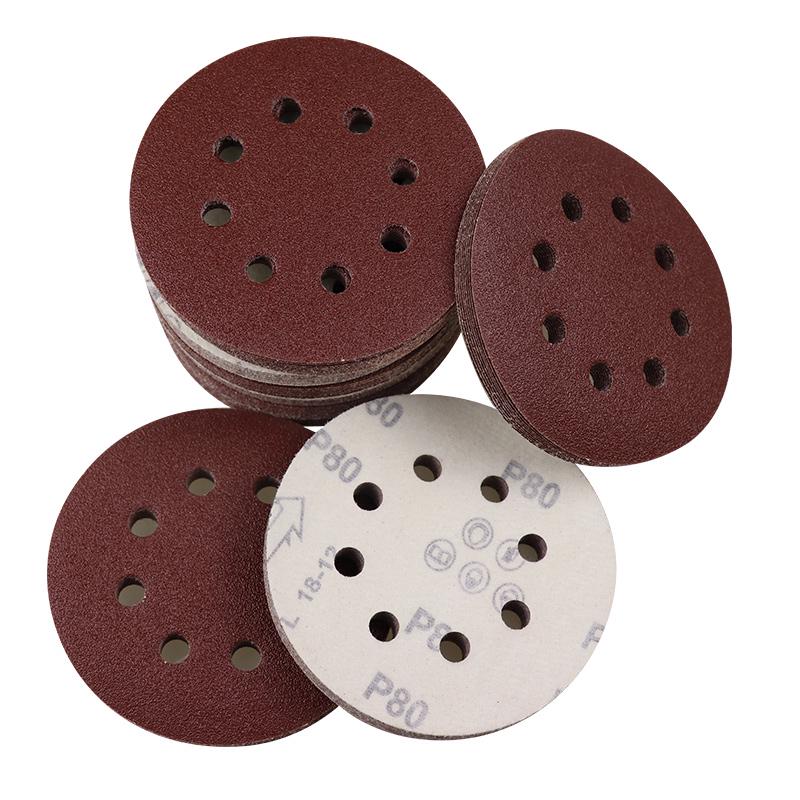 Red Sand Flocking 5-Inch Self-Adhesive Sandpaper Disc, 6 or 8 Holes, for Dry Grinding and Polishing