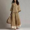 Women's 2 Piece Casual Loungewear Outfit Set - V Neck Top with 3/4 Bell Sleeve Cuffs and Wide Leg Pants, for Spring and Summer Wear