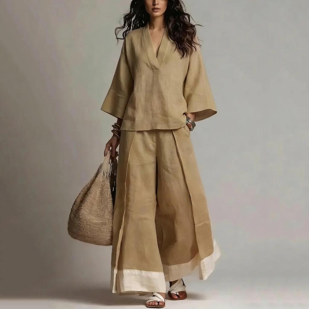Women's 2 Piece Casual Loungewear Outfit Set - V Neck Top with 3/4 Bell Sleeve Cuffs and Wide Leg Pants, for Spring and Summer Wear
