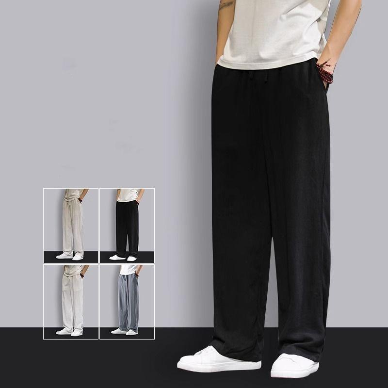 Chinese Style Linen Pants Men's Summer Thin Cotton and Linen Wide-leg Pants Chinese Retro Men's Pants Plus Loose Straight-leg Pants