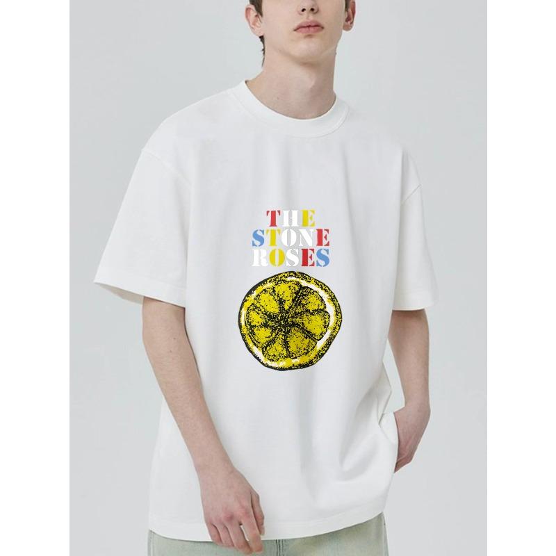 The Stone Roses Black T-Shirt with Lemon Print and Band Name for Casual Wear