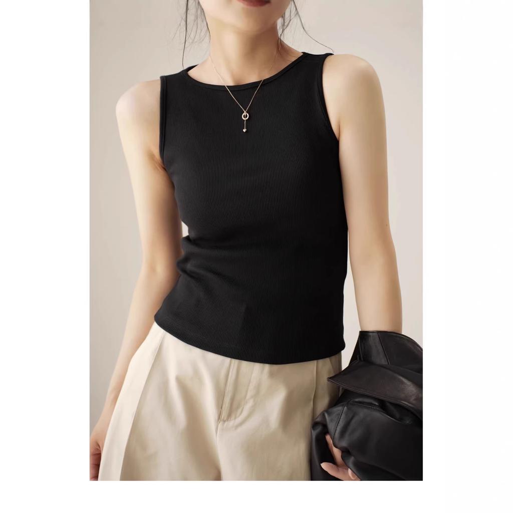 Summer new threaded versatile vest slim-fitting sleeveless tight top slimming one-word collar top trendy