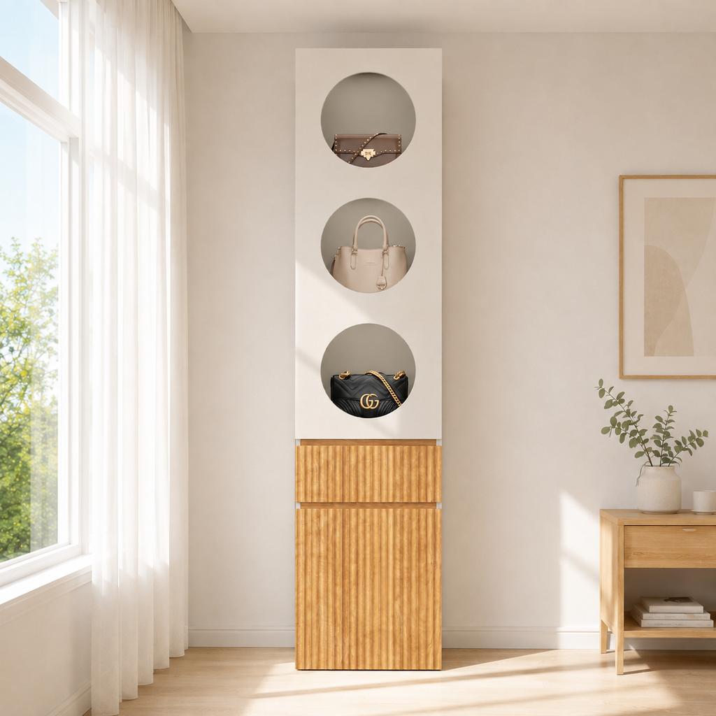Tall Cabinet, Wardrobe, 45 x 50 x 200 cm, Hinged Door Design, with 1 Drawer, with 2 Doors, for Bedroom and Bathroom and Living Room, Light Oak