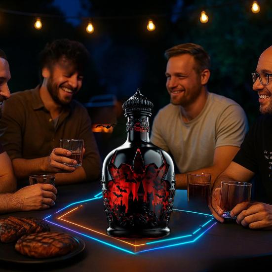 Gothic Vampires Whiskey Decanter Glass Liquor Bottle with Bat Castle Design Halloween