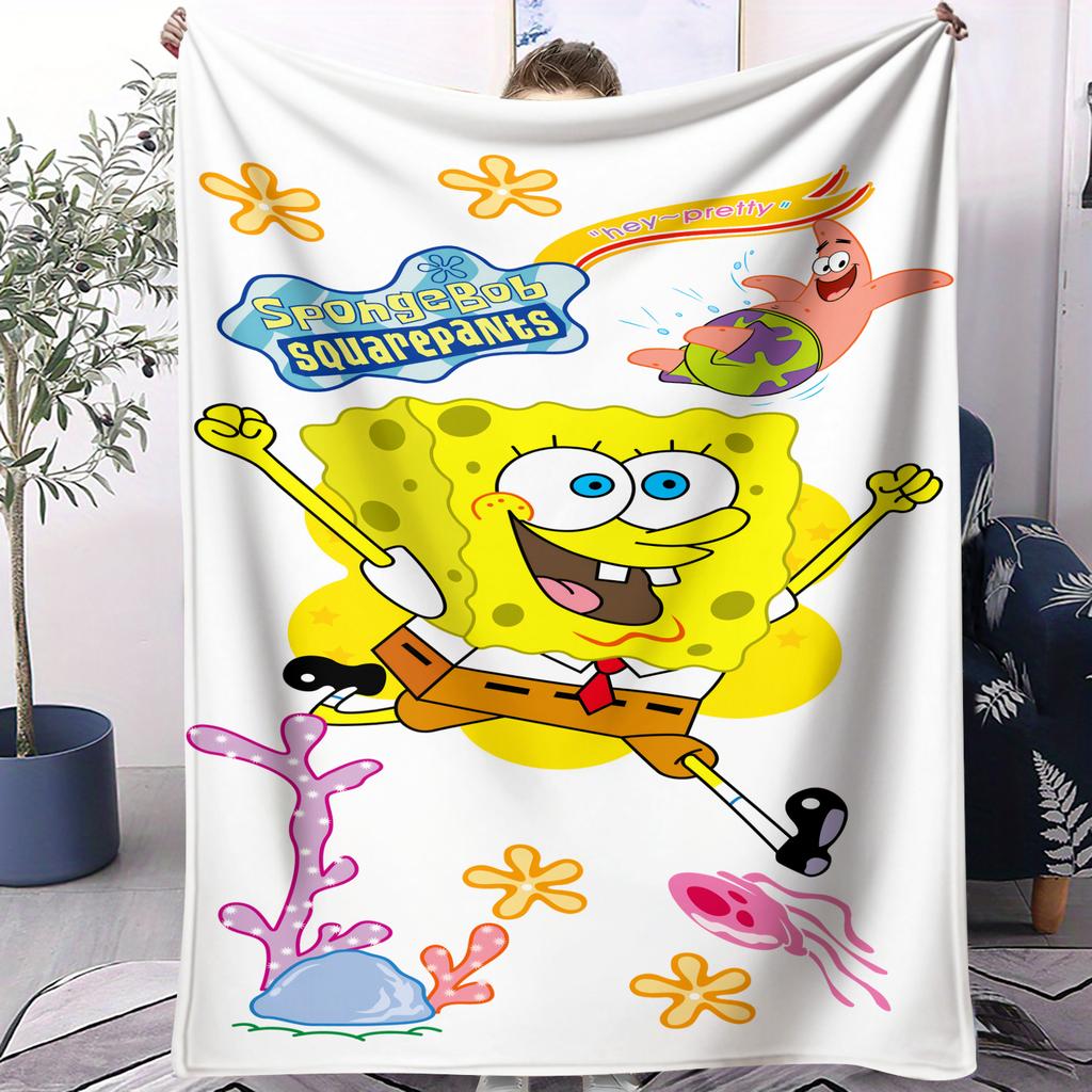 Cartoon Yellow Sponge-Bob Print Warm Blanket For Office Comfort Leisure Camp Travel Multifunctional Universal Blanket Fan Gift