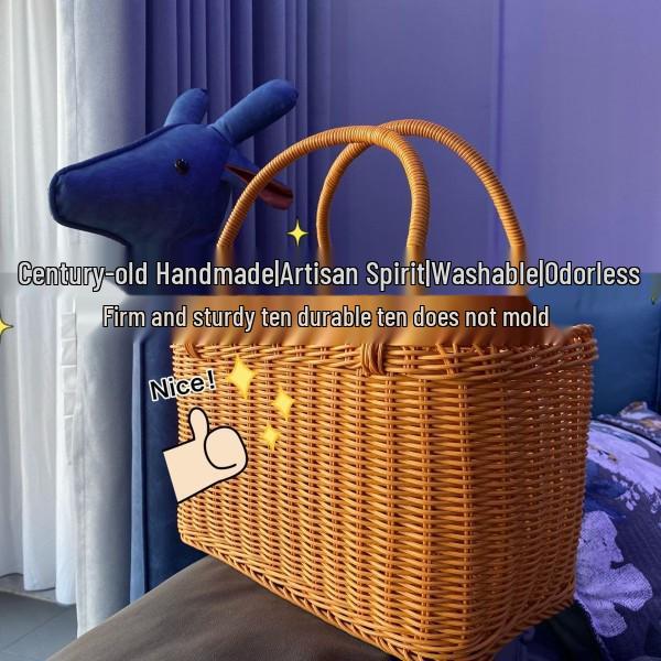 Rattan-Look Iron Frame Handbasket: Plastic Woven Flower, Vegetable, Shopping, Wedding Gift, Outdoor Restaurant Storage Basket.