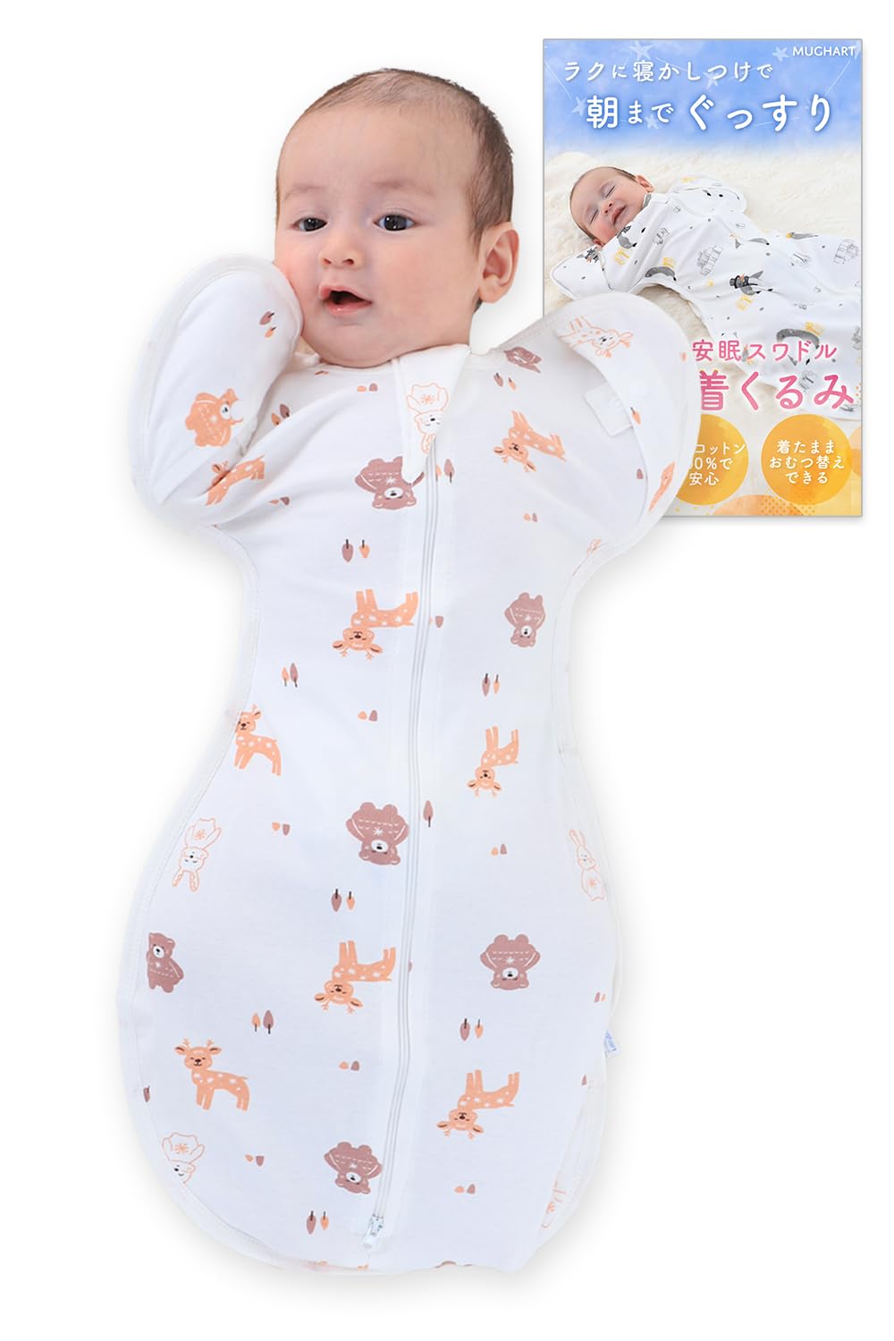 

Пеленка на липучке под наблюдением врача с отверстиями для рук для новорожденных [Сертифицировано IHDI] – Предотвращает рефлекс Моро, 100% натуральный хлопок, Mughart (Лесные животные, Размер M