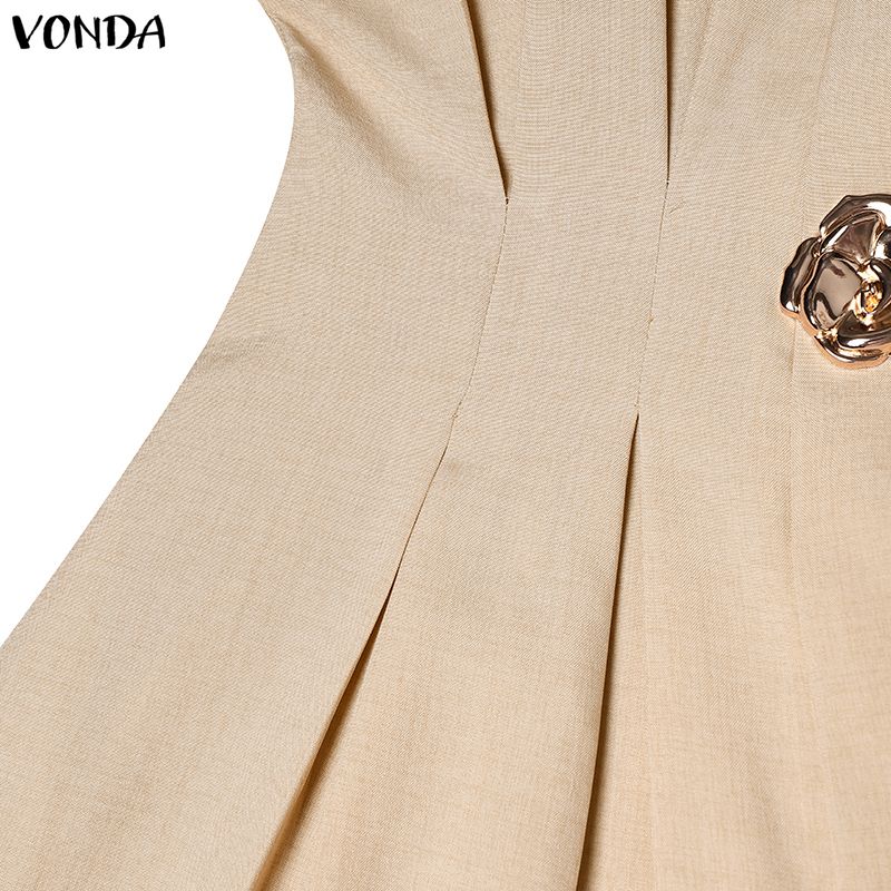 VONDA Women Elegant V Neck Pleated Midi Dress Short Sleeve High Waist A Line Office Style Sundress