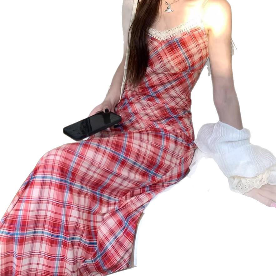 Hhyii Twilight Rose Plaid V-Neck Lace Dress - Women's Summer Sling Tea Dress
