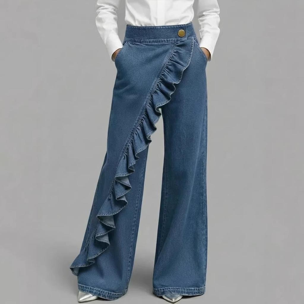 Fashion Women's Vintage Irregular High Waist Denim Trousers