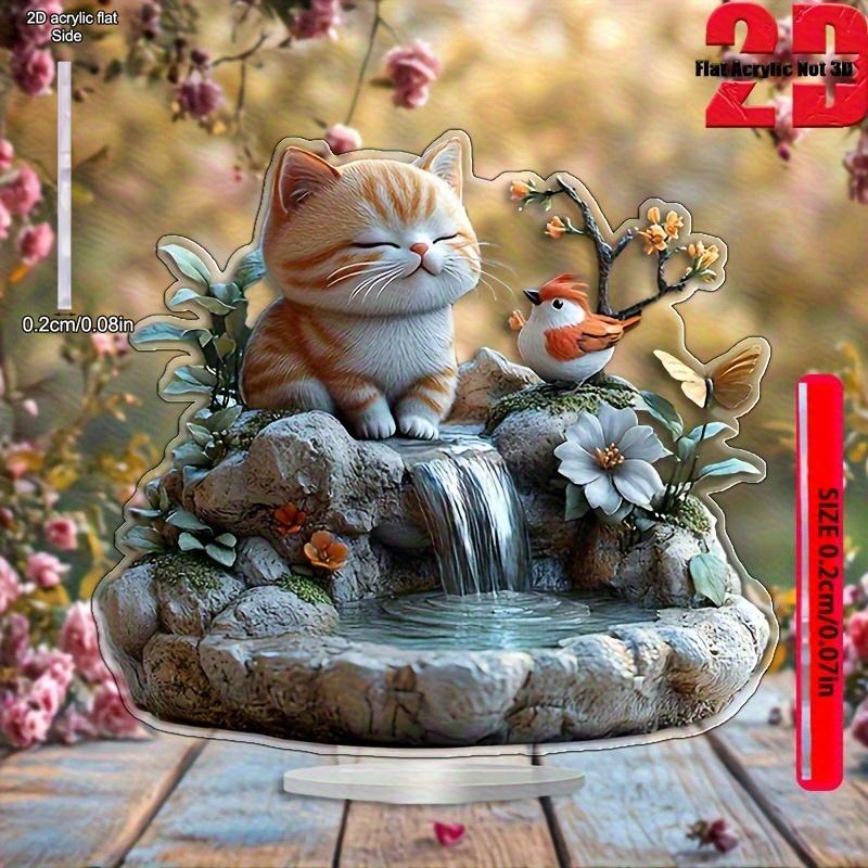 Bohemian-Style Acrylic Cat & Bird Fountain Statue - Humorous Orange Cat & Red-Breasted Bird Design, Serene Waterfall & Floral Accents, Perfect Christ