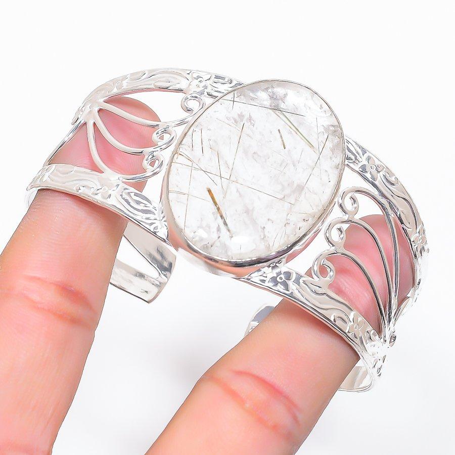 

Натуральный Золотистый Рутил Драгоценный Камень Серебро 925 пробы Манжета Браслет Регулируемый U8F86