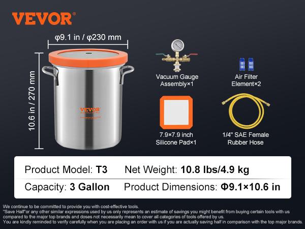 SucceBuy 3/5 Gal Upgraded Tempered Glass Lid Vacuum Degassing Chamber 304 Stainless Steel for Stabilizing Wood, Resin Degassing