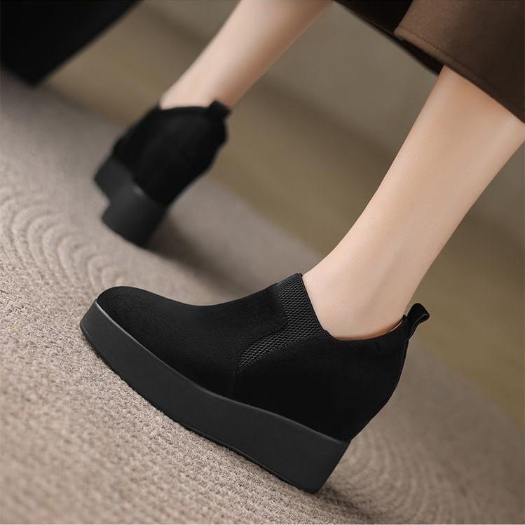 10Cm small man thick-soled super high-heeled leather loafers 2025 new wedge-heeled single shoes elastic inner height-increasing women's shoes