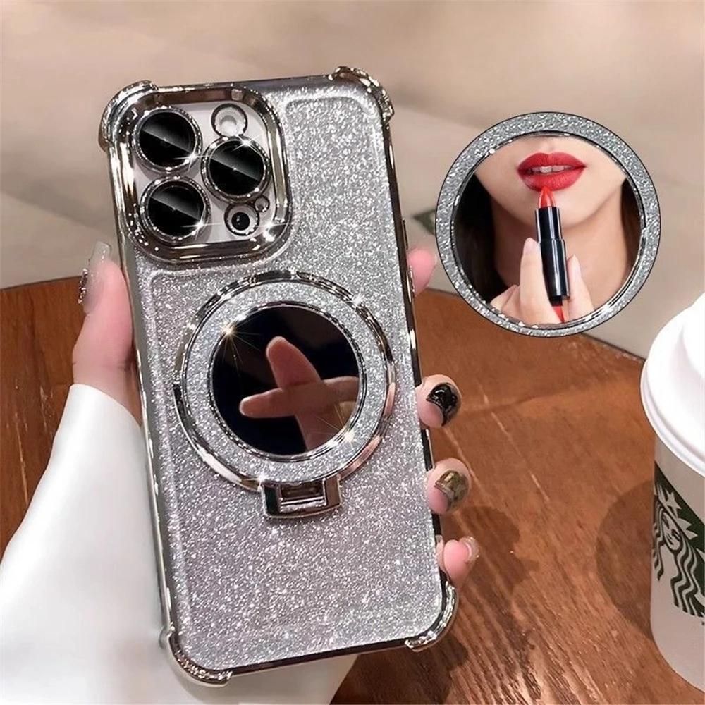 Glitter Mirror Magnetic Stand Phone Case for iPhone 17 Air 16 15 14 13 12 11 Pro Max 15 16 Plus Samsung S25 S24 23 S22 S21 Ultra Plus FE A17 A56 A36