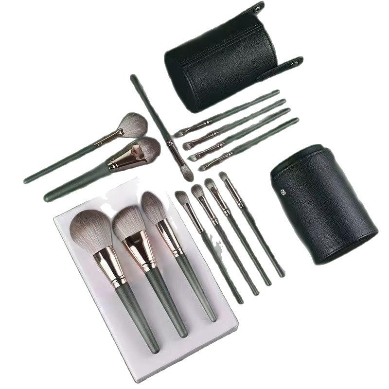 Green Cloud 14-Piece Makeup Brush Set: Soft Eyeshadow, Powder, and Blush Brushes with Portable Storage