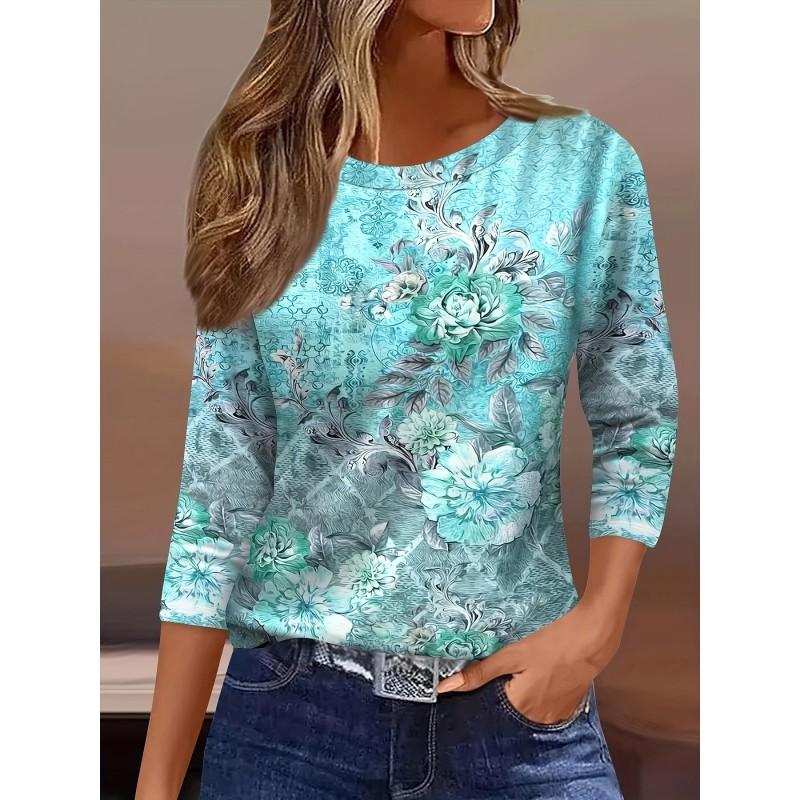 Womens Round Neck 3D Dinosaur Print Tee - Casual Fit 7/8 Sleeve 2025