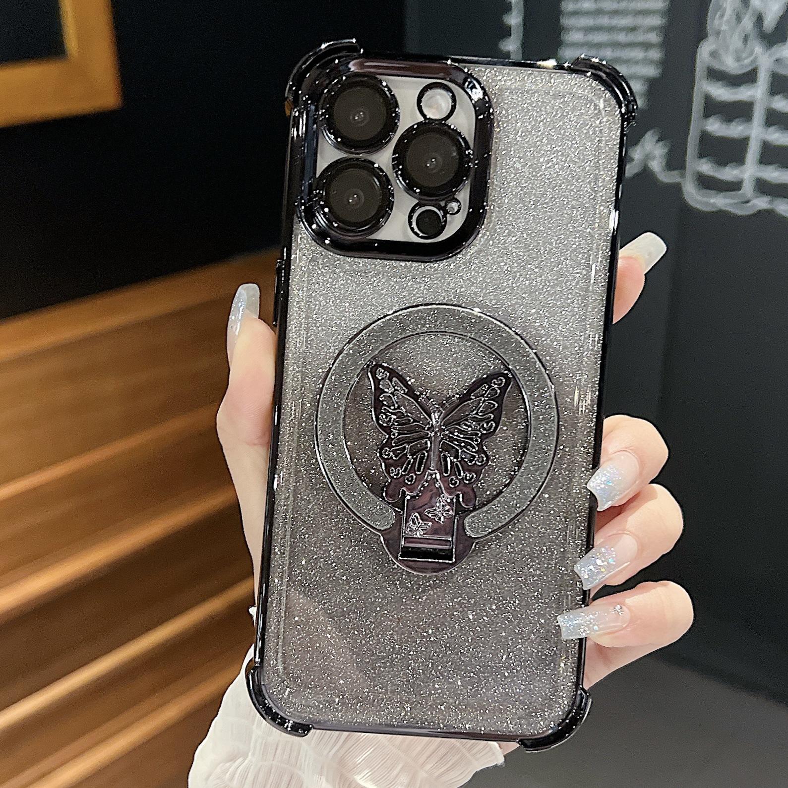 

Четырехугольная противоударная подушка безопасности подходит для чехла для телефона IPhone 16PROMAX и чехла-подставки с градиентными блестками и бабочкой для IPhone 15 iPhone16 чёрный