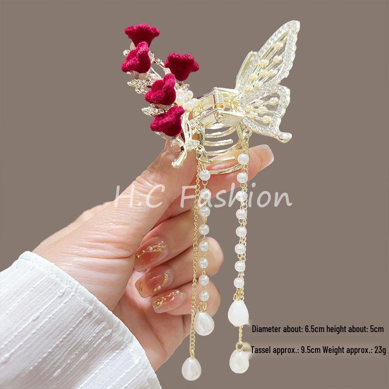 Elegante Schmetterlingsquaste Haarspange – Chinesischer Stil Halb-Pferdeschwanz Klauenclip für Damen