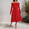 New Date Party Elegant and Sweet Style One Shoulder Long Sleeved Solid Color Women's Dress