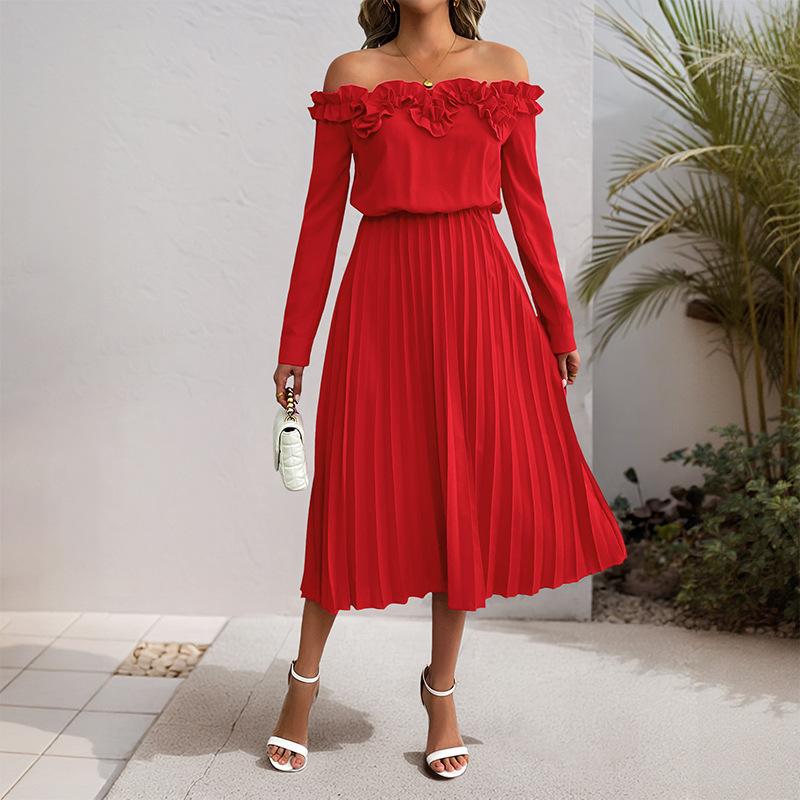 New Date Party Elegant and Sweet Style One Shoulder Long Sleeved Solid Color Women's Dress