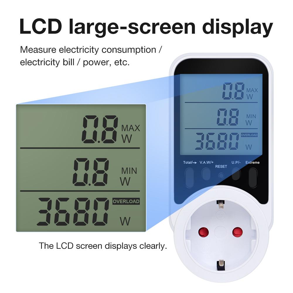 AC Power Meter Socket Electric Energy Monitor LCD Display Electricity Billing Plug KWH Voltage Current Tester Overload Protector