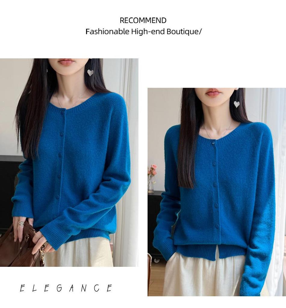 Autumn/Winter Pure Wool Seven-Stitch Crew Neck Cardigan - Thick, Long Sleeve, Solid Color, Skin-Friendly Knit Sweater