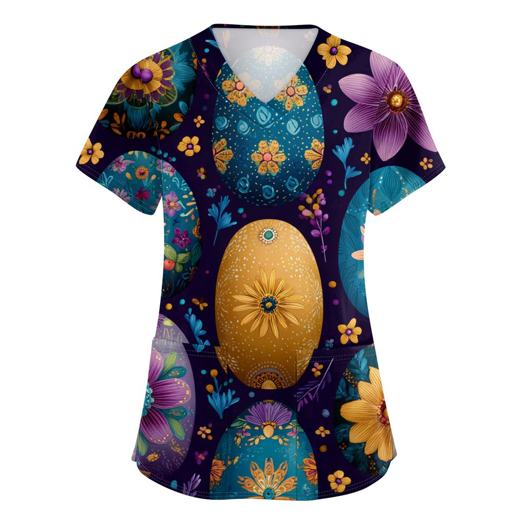 Damenmode V-Ausschnitt Kurzarm Arbeitskleidung Mit Taschen Osterdruck Oberteil Pflegekraft Uniform