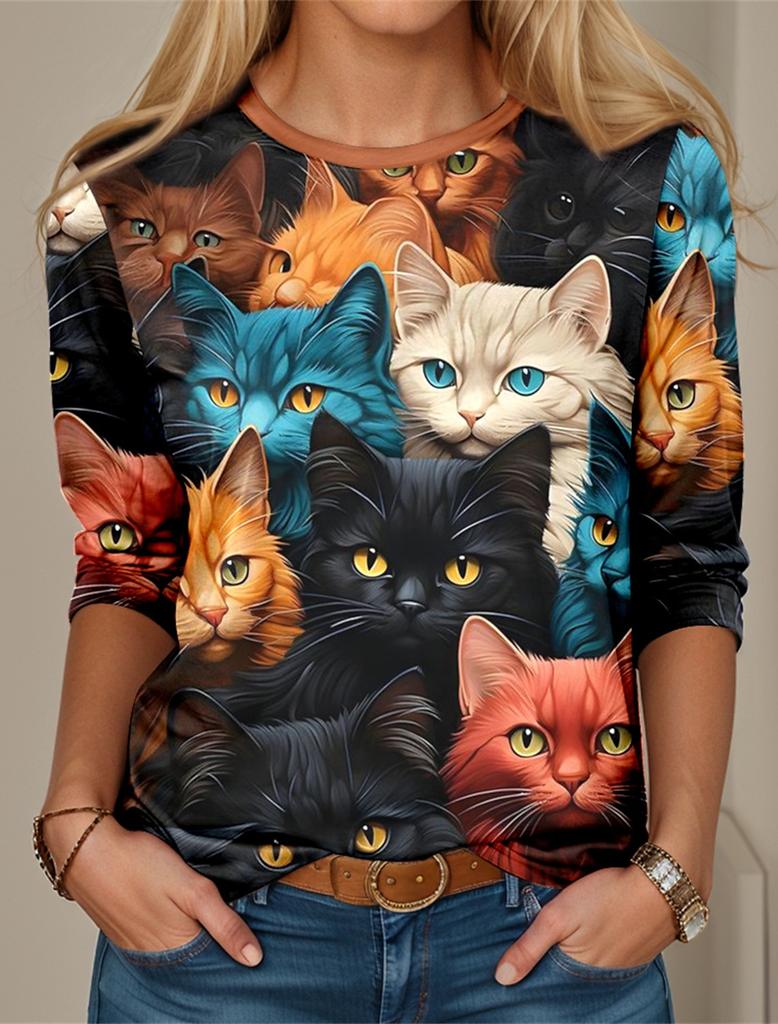 Fashion Design Women's T Shirts 3D Print Kawaii Cat Graphics Long Sleeve Crew Neck Regular Fit Spring/Fall Thin Style Sportwears