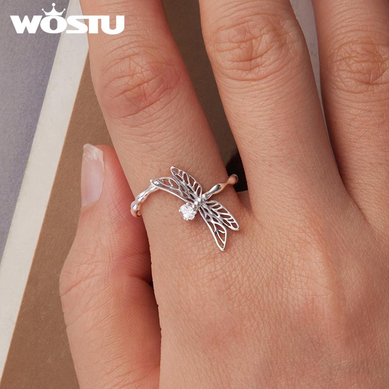 WOSTU 925 Sterling Sliver Dragonfly Open Ring For Women Hollow Out Shiny CZ Insect Animal Adjustable Rings Daily Party Gift