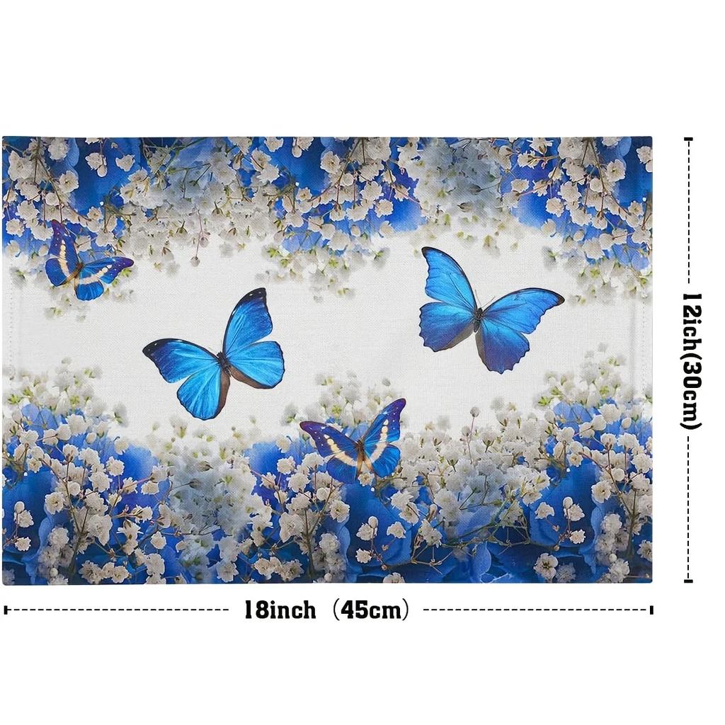 1PC Pack Blue Butterfly And White Flowers Placemats, 30x45CM Linen Rectangular Table Mats, Machine Washable Woven Dining