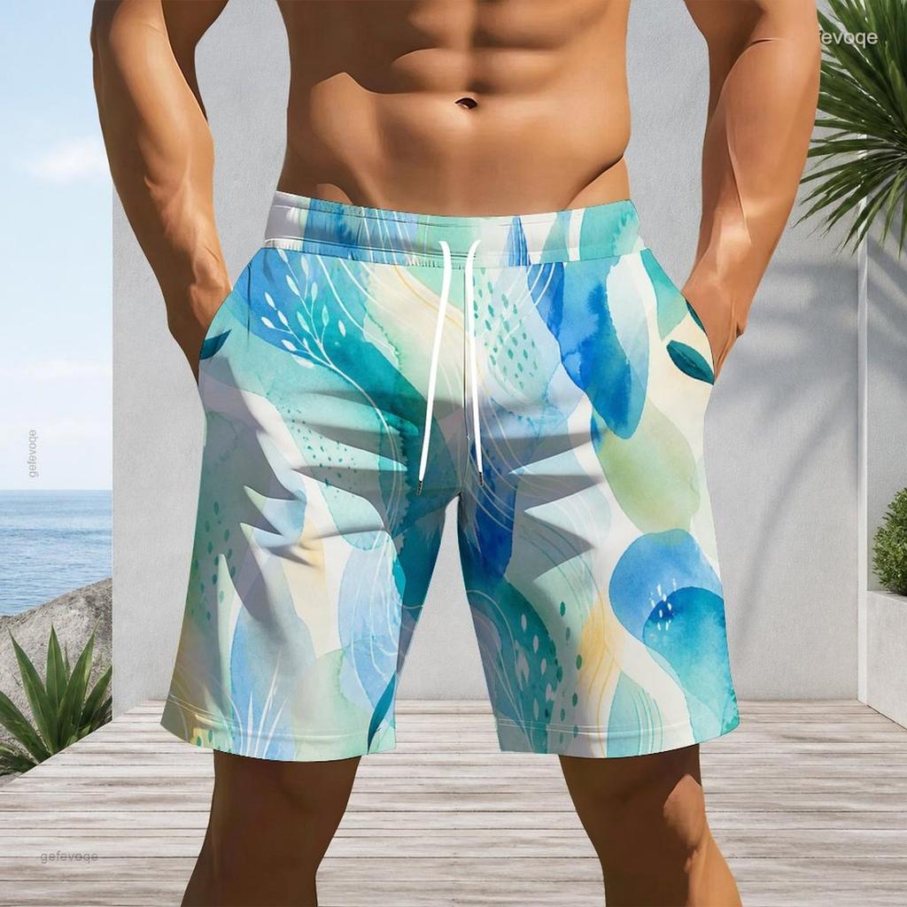 Men Plus Size Tie Dye Printed Beach Shorts Drawstring Waist Side Pockets Straight Leg