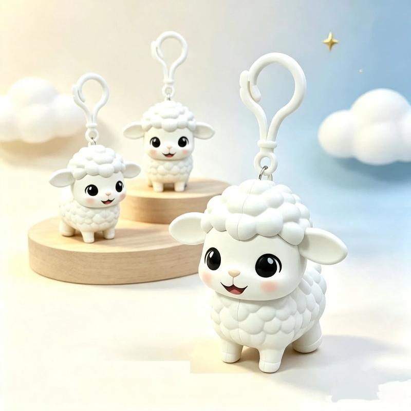Cute White Lamb Pull String Keychain Movable Ears Lightweight Plush Bag Hanger Decor Fun Birthday Gifts for Boys Girls Kids
