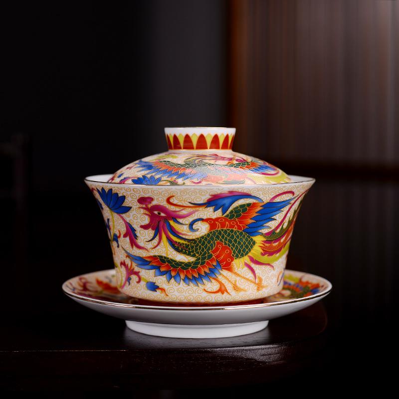 HMLOVE Color Enamel Sancai Gaiwan Large Capacity White Porcelain Cover Bowl Lid Saucer Big Tea Cup Tureen Travel Teaware Sets