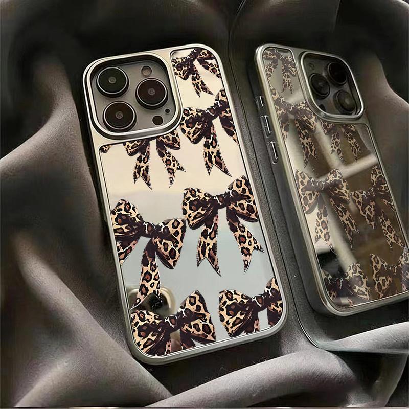 Fashion leopard print bow multifunctional makeup mirror phone case suitable for iPhone 17 16 15 14 13 12 11 Pro/Max/Plus