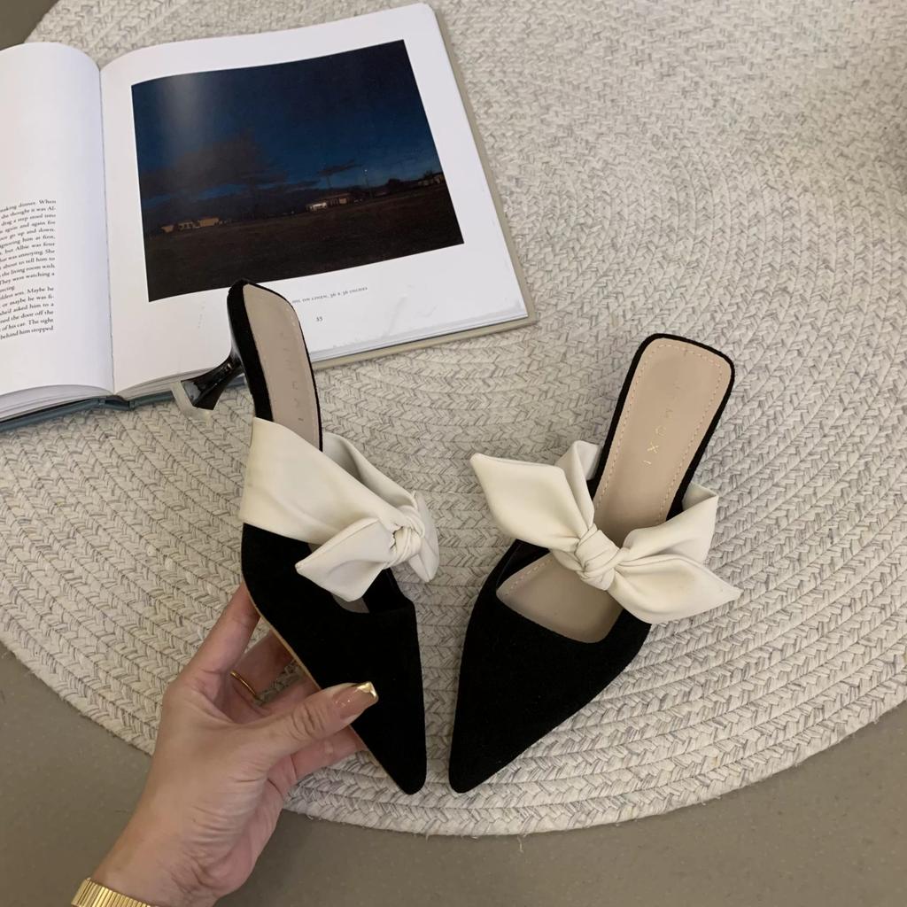Fashion 2024 Summer Women Pointed Toe High Heels Sandals Bowknot Fashion Flower Woman Shoes Slingback Woman Slippers