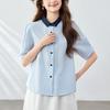 Blue Small Square Collar Shirt for Women Short-sleeved Summer New Casual Top Pure Cotton Women's Shirt