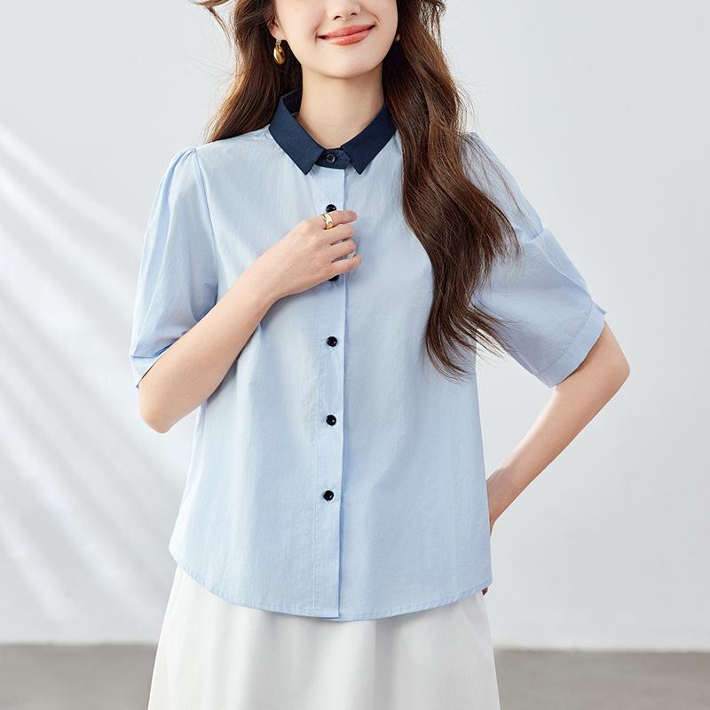 Blue Small Square Collar Shirt for Women Short-sleeved Summer New Casual Top Pure Cotton Women's Shirt