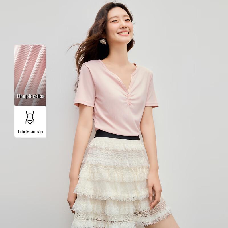 Women s Elegant V-Neck Pleated Slim T-Shirt XL