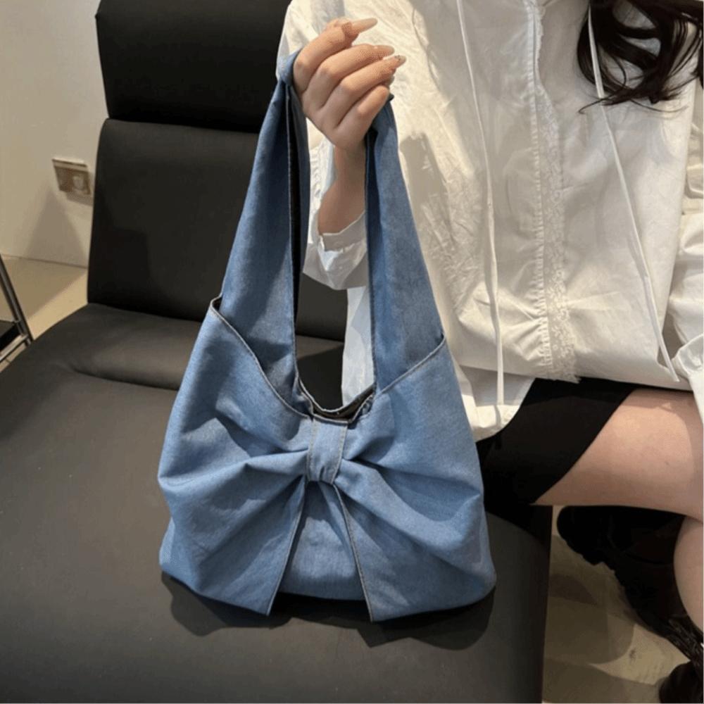 Lightweight Bow Shoulder Bag Designer Women's Tote bag Trendy Bow Denim Bag  Outdoor