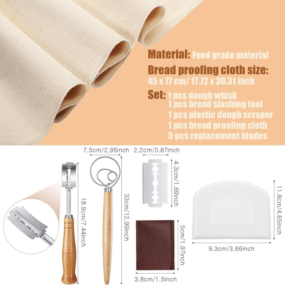 Brödbakningsverktyg inklusive dansk degvisp, degskrapa, jäskläde, brödkniv med 5 utbytesblad
