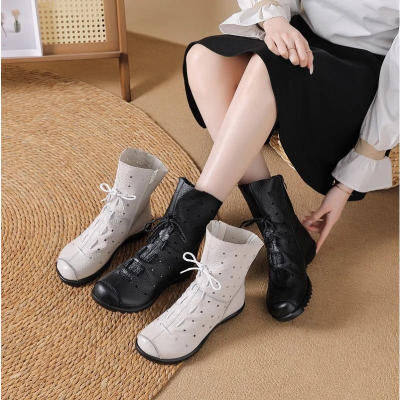 Fashion New Genuine Leather Boots Women's Laced Up Hollow Out Shoes Ladies Zip Up Mid Calf Boots Woman Concise White Luxury Boot Vintage