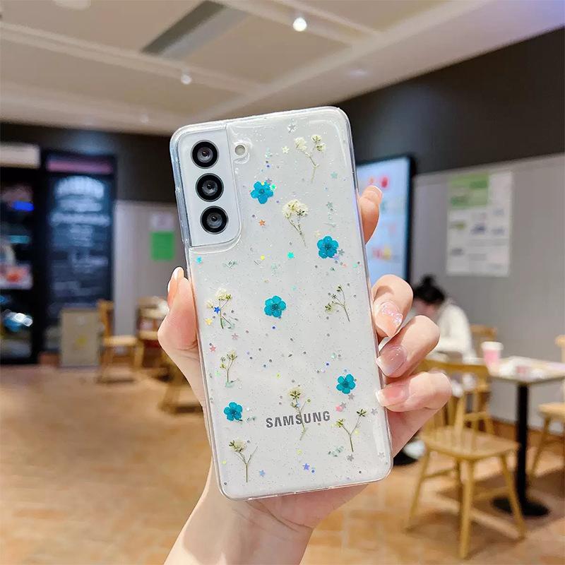 For Samsung S25ultra Flower Phone Case S24Plus Glitter Pink Sequin A16 Transparent A35 Real Flower Niche