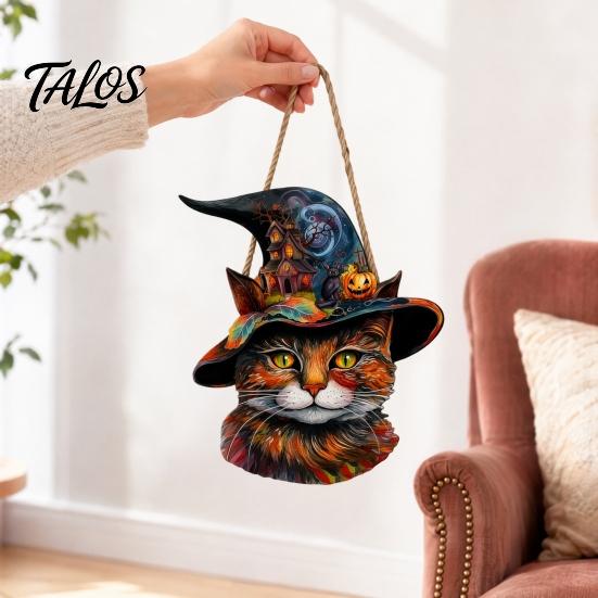 Festive Halloween Party Decor Wooden Hanging Door Sign, Cute Painted Cat Welcome Ornament with Witch Hat Haunted Lanyard House Pumpkin, Rustic