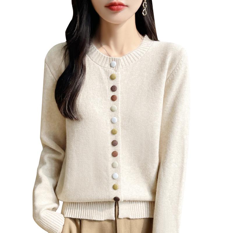 Women's Autumn Knit Faux Button Cardigan - Long Sleeve, Round Neck, Chic Loose Sweater