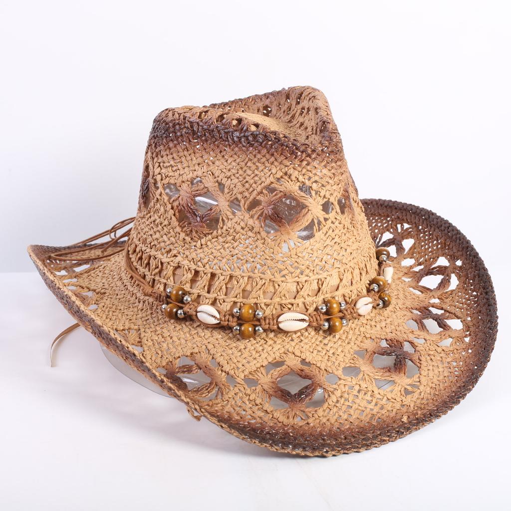 Popular European and American fashion hollow woven hat straw hat men's and women's classic outdoor western denim straw hat