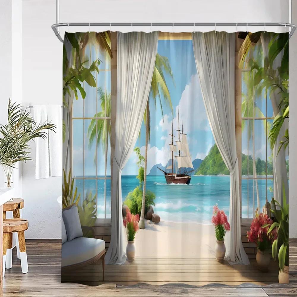 Moderní Krása Plážová Krajina Sprchový Závěs Letní Dovolená Plážová Krajina Plachtění Koupelnová Dekorace Sprchový Závěs