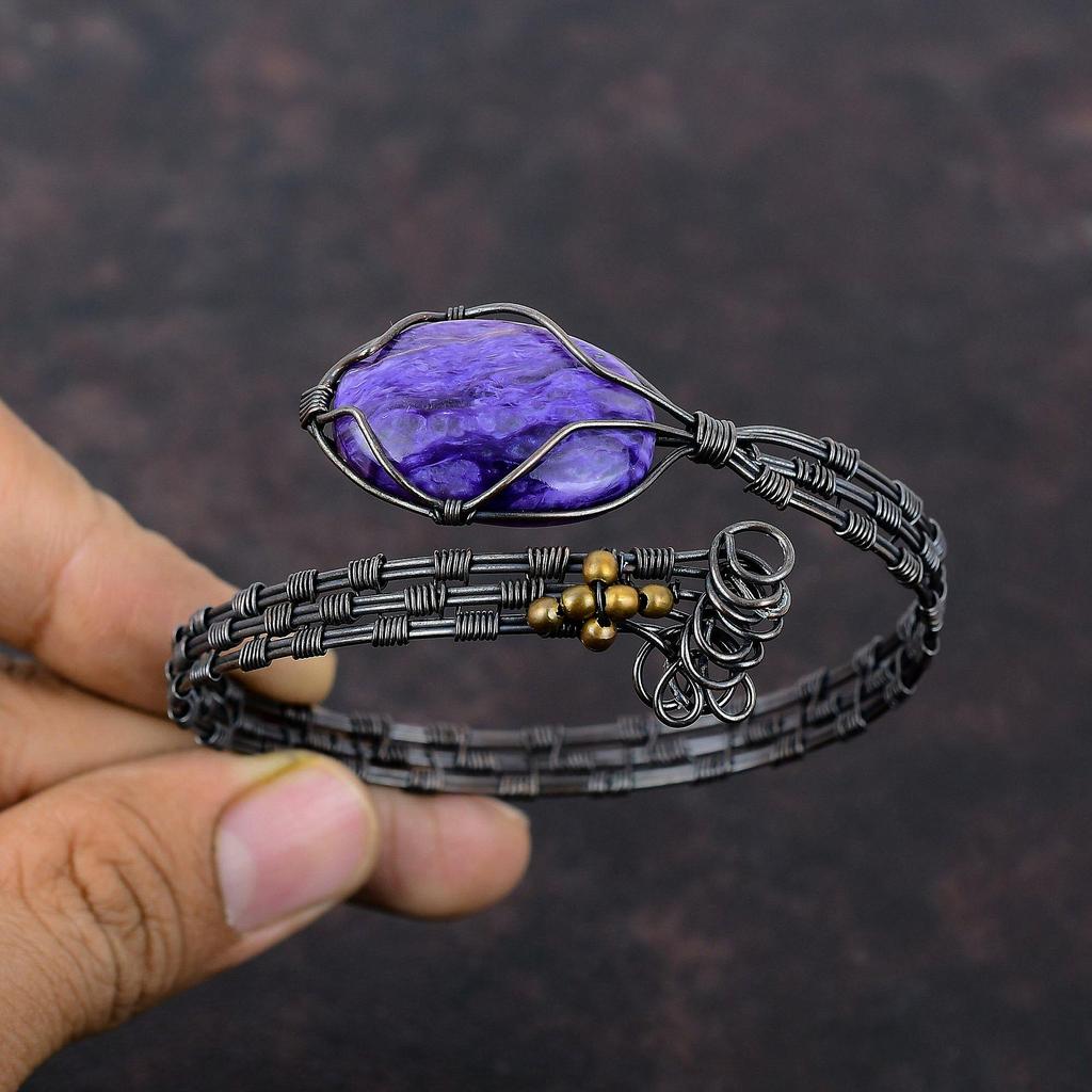 Charoite Cuff Bracelet Gemstone Bangle Copper Wire Wrapped Bangle Adjustable Cuff Bracelet Amazing Copper Jewelry For Gift Handmade Bracelet