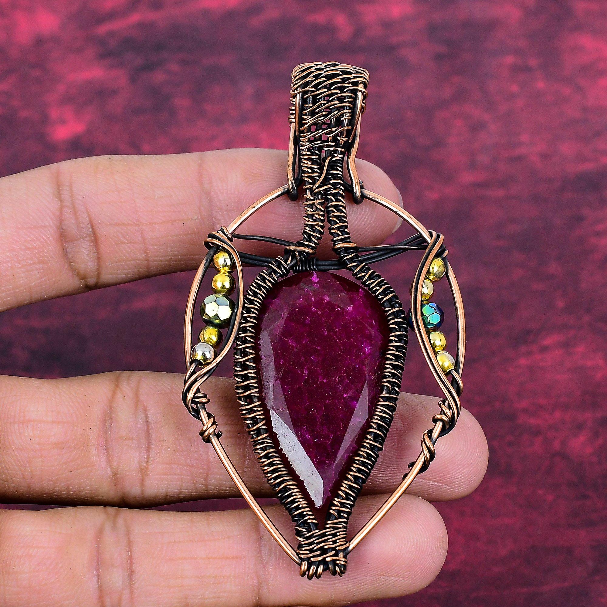 Faceted Kashmir Ruby Pendant Genuine Gemstone Pendant Copper Wire Wrapped Jewelry